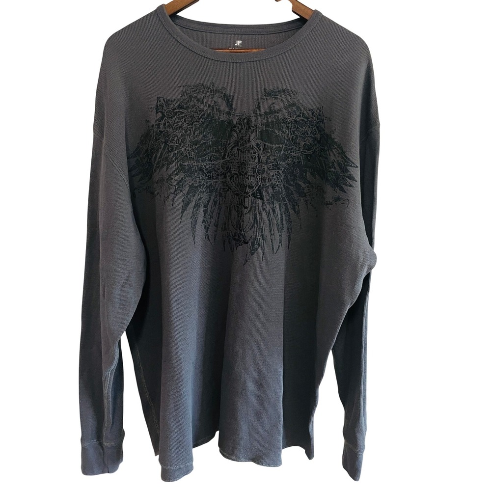 JF Mens Y2K Vintage Grunge Graphic Thermal Shirt 2XLT Waffle Knit Biker Skater